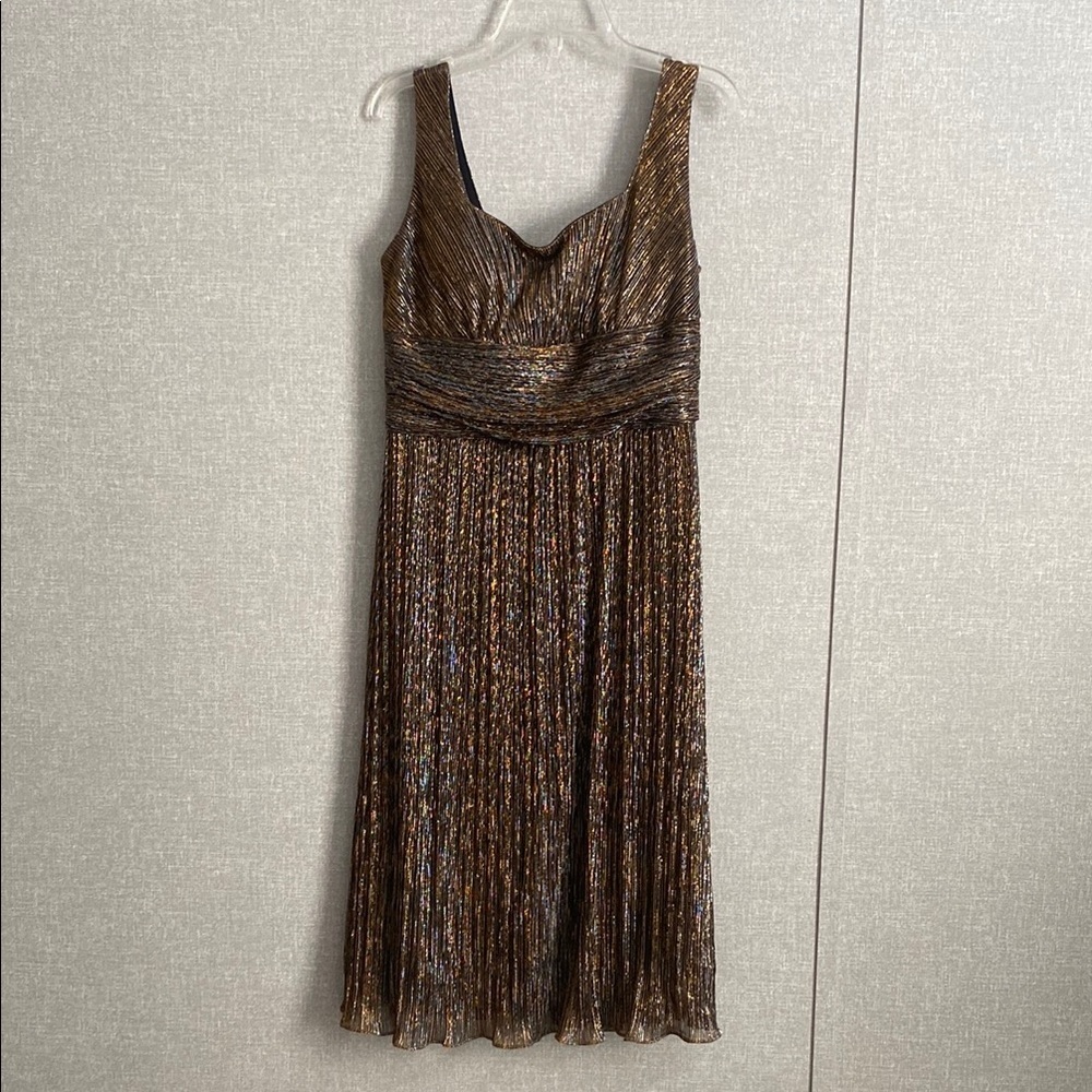 Joseph Ribkoff Gold, Silver and Black Ruched Glittery Empire Cocktail Dress